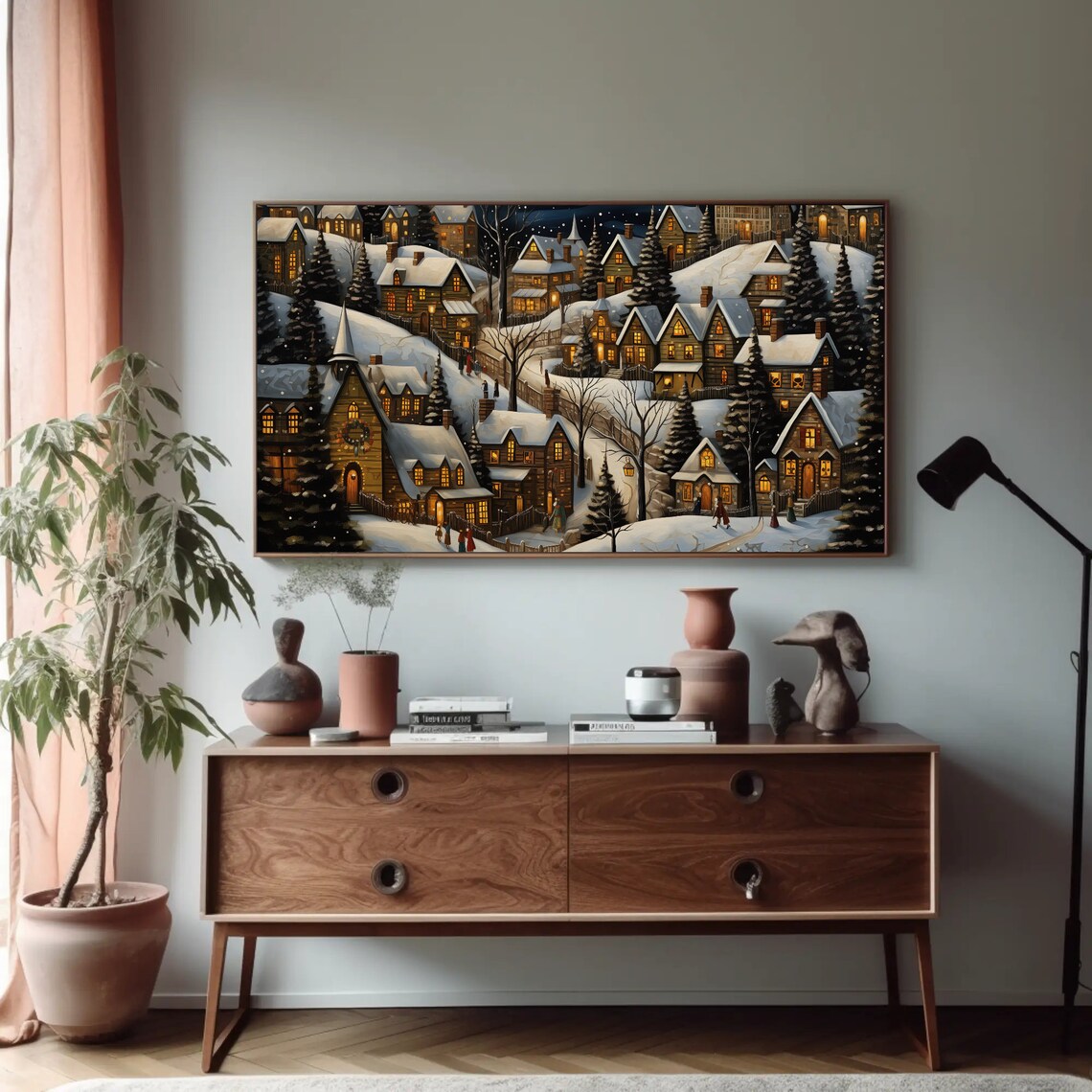 Christmas Night Town With Church and Pine Trees Holiday Art Poster - Image 4