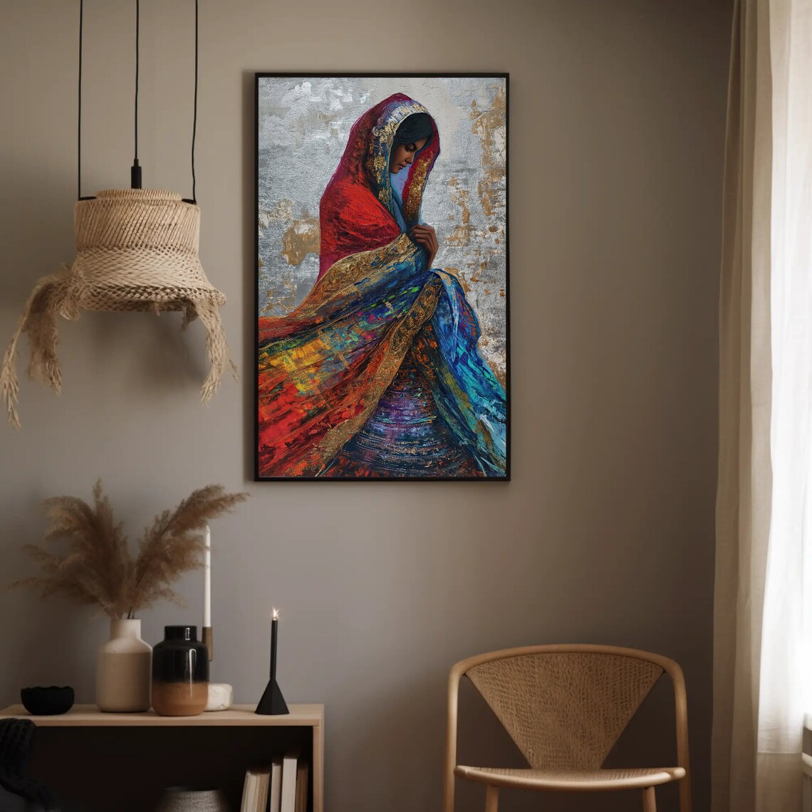 Indian Woman in Red Sari Impasto Painting Ethnic Wall Poster - Image 4