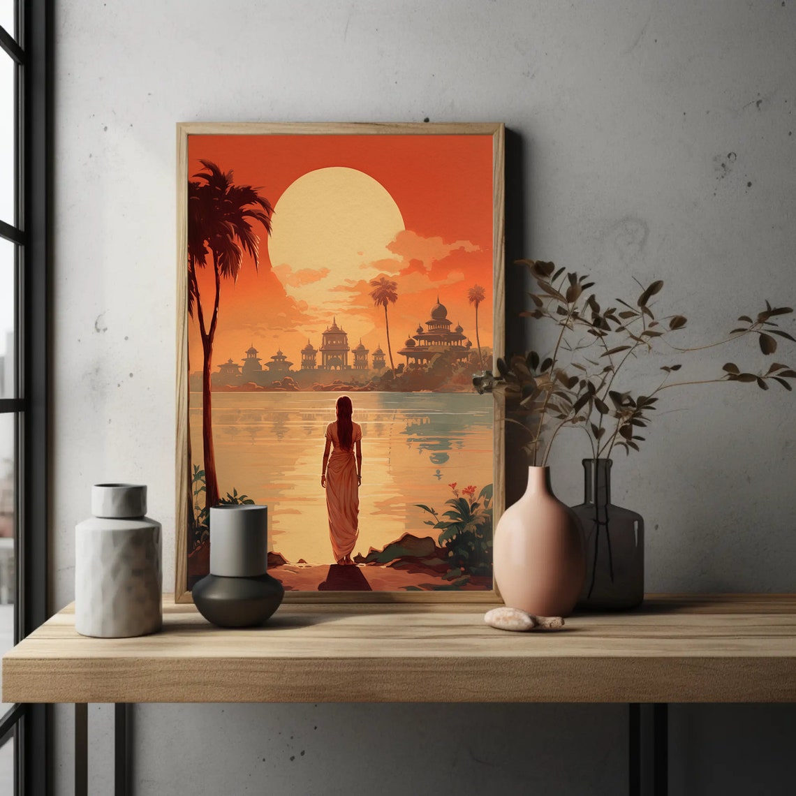 Retro Woman in Sari Viewing Lakeside Temples at Sunset Poster - Image 3