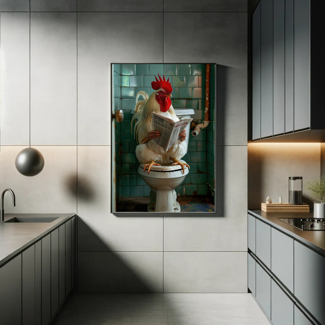 Rooster Reading Newspaper on Toilet Funny Farmhouse Bathroom Poster - Image 5