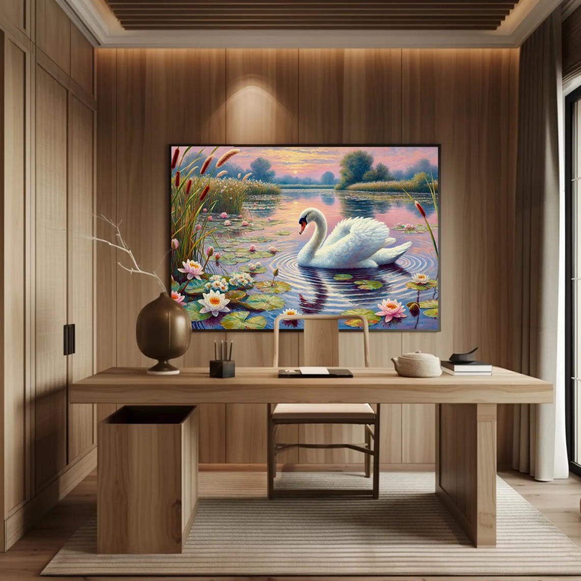 Elegant White Swan On A Tranquil Lake With Water Lilies Poster - Image 3