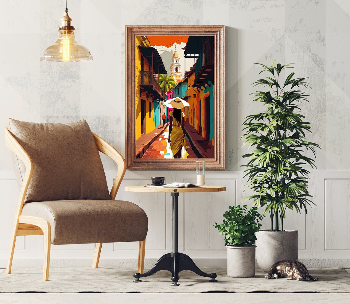 Colombia Colonial Street Bell Tower Woman With Parasol Art Poster - Image 2
