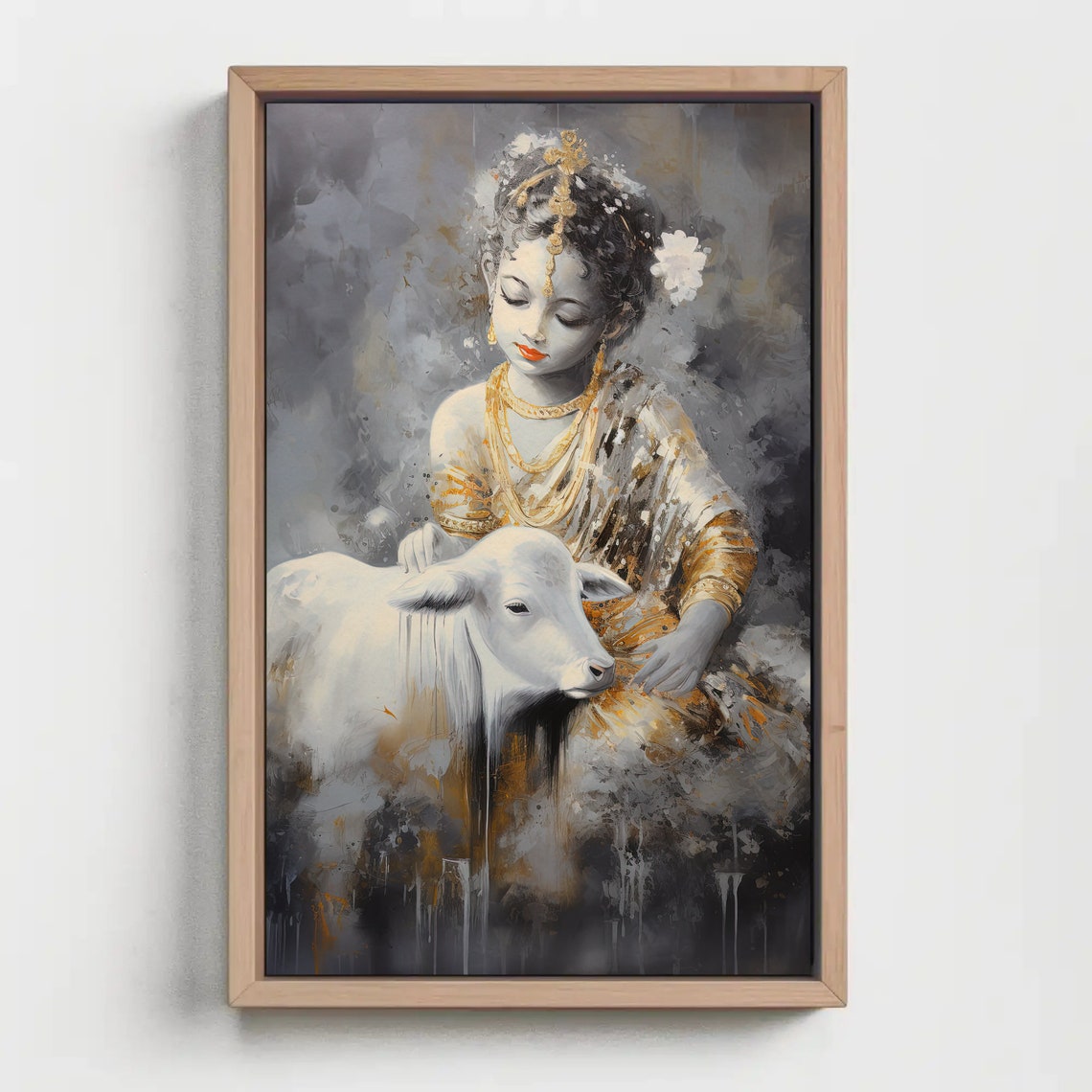 Child Krishna With White Cow Golden Grey Devotional Art Poster - Image 5