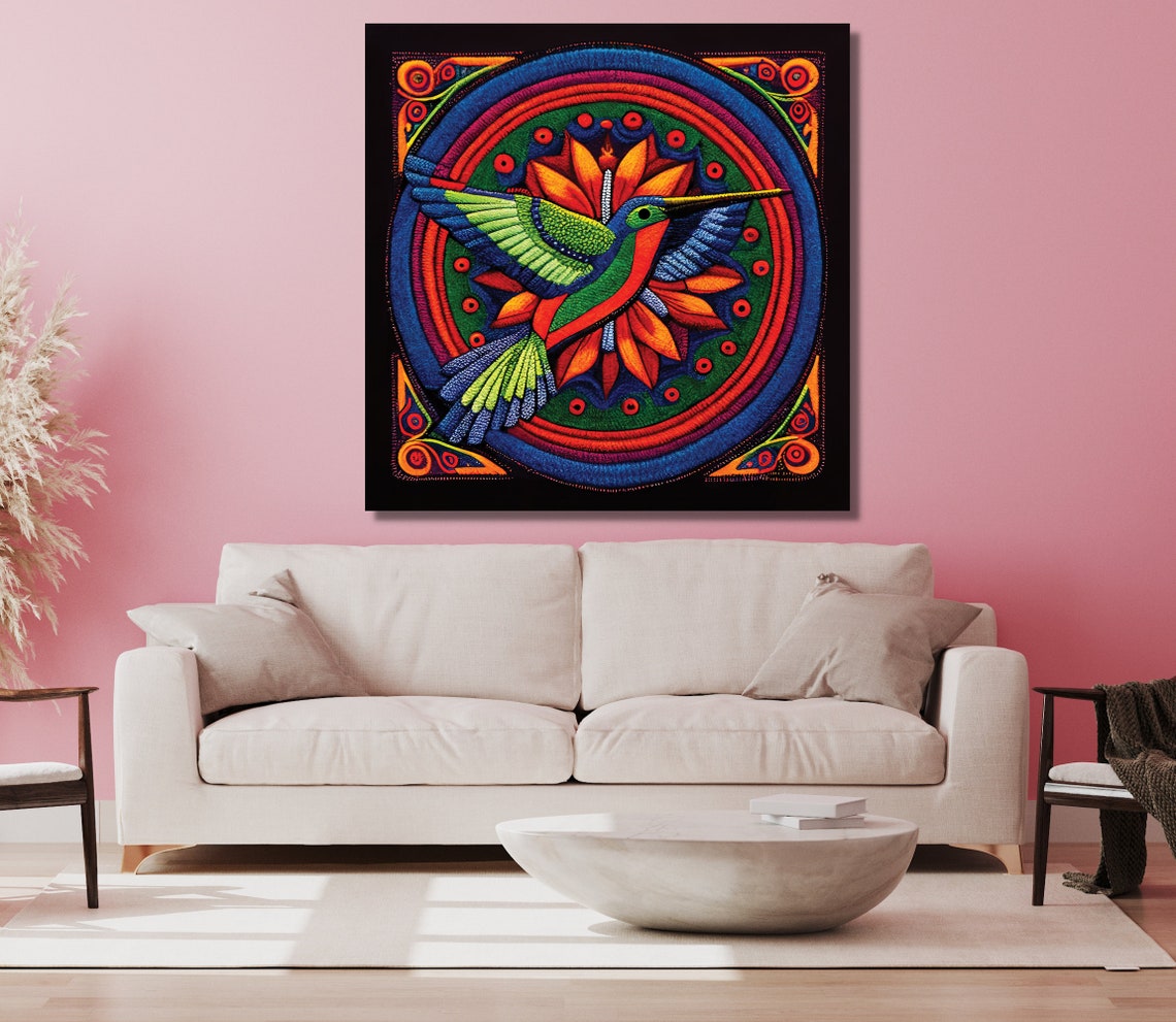 Huichol Style Hummingbird Mandala Vivid Mexican Folk Art Poster - Image 2