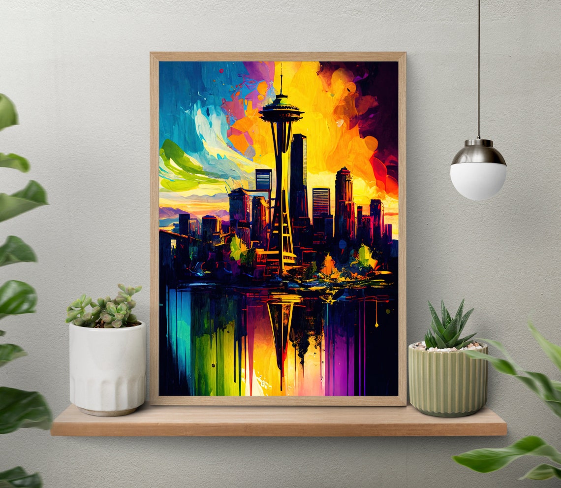 Seattle Space Needle Night Skyline Colorful Reflection Art Poster - Image 5