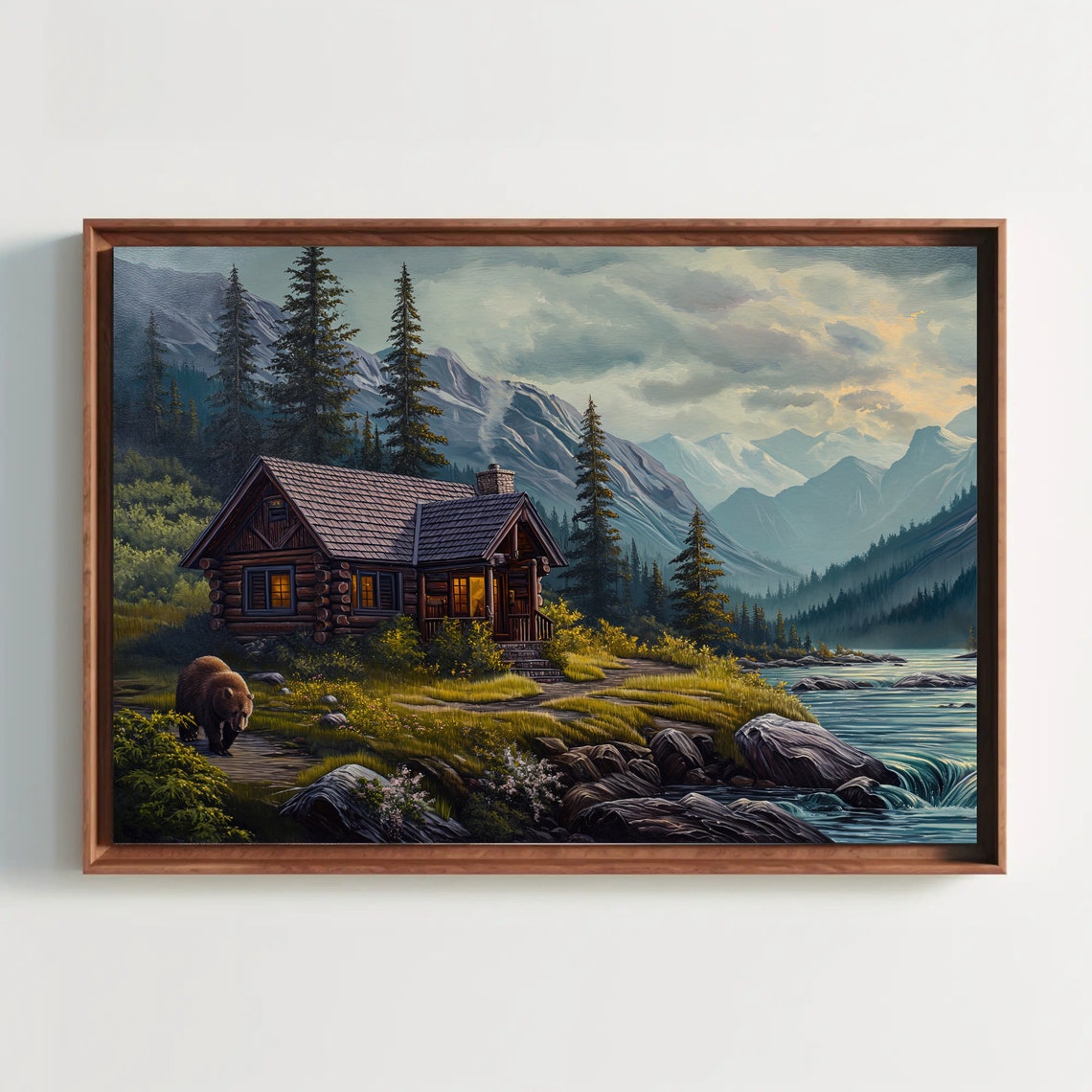Log Cabin by River with Bear and Mountain Peaks Painting Poster - Image 2