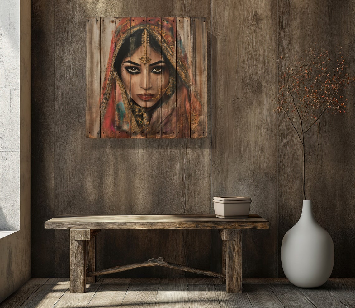 Indian Bride Portrait Painted on Reclaimed Wood Rustic Wall Poster - Image 3