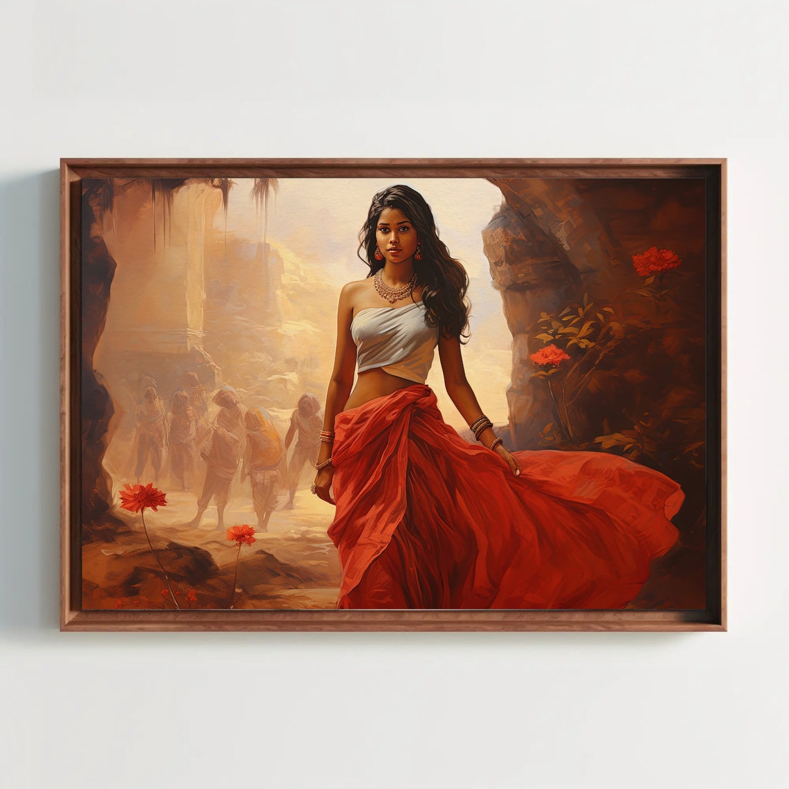Indian Woman in Flowing Red Sari Walking Ancient Rocky Valley Poster