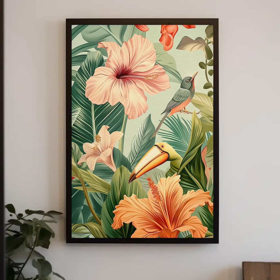 Tropical Hibiscus And Toucan In Lush Green Jungle Leaves Poster