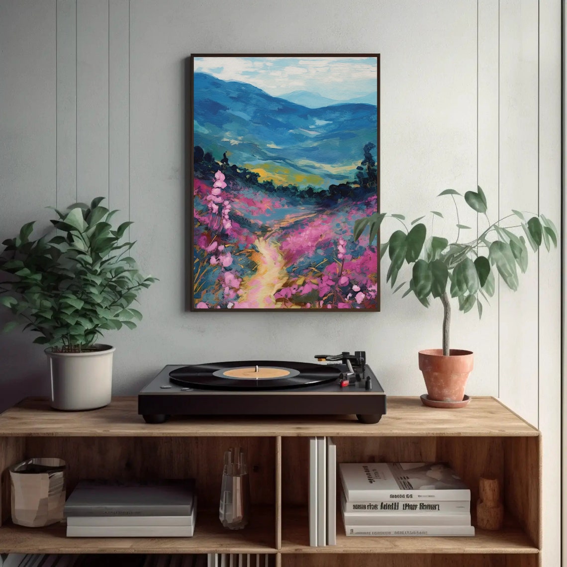 Pink Blossom Valley Trail Blue Mountain Wildflower Scene Poster - Image 2