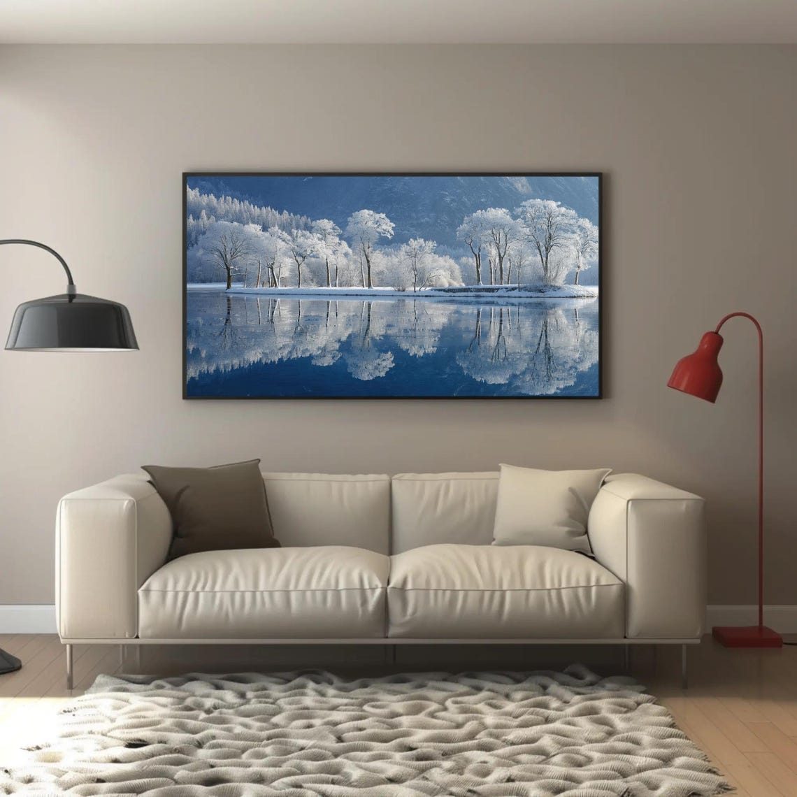Snow Covered Trees Mirrored In A Still Winter Lake Landscape Poster - Image 4