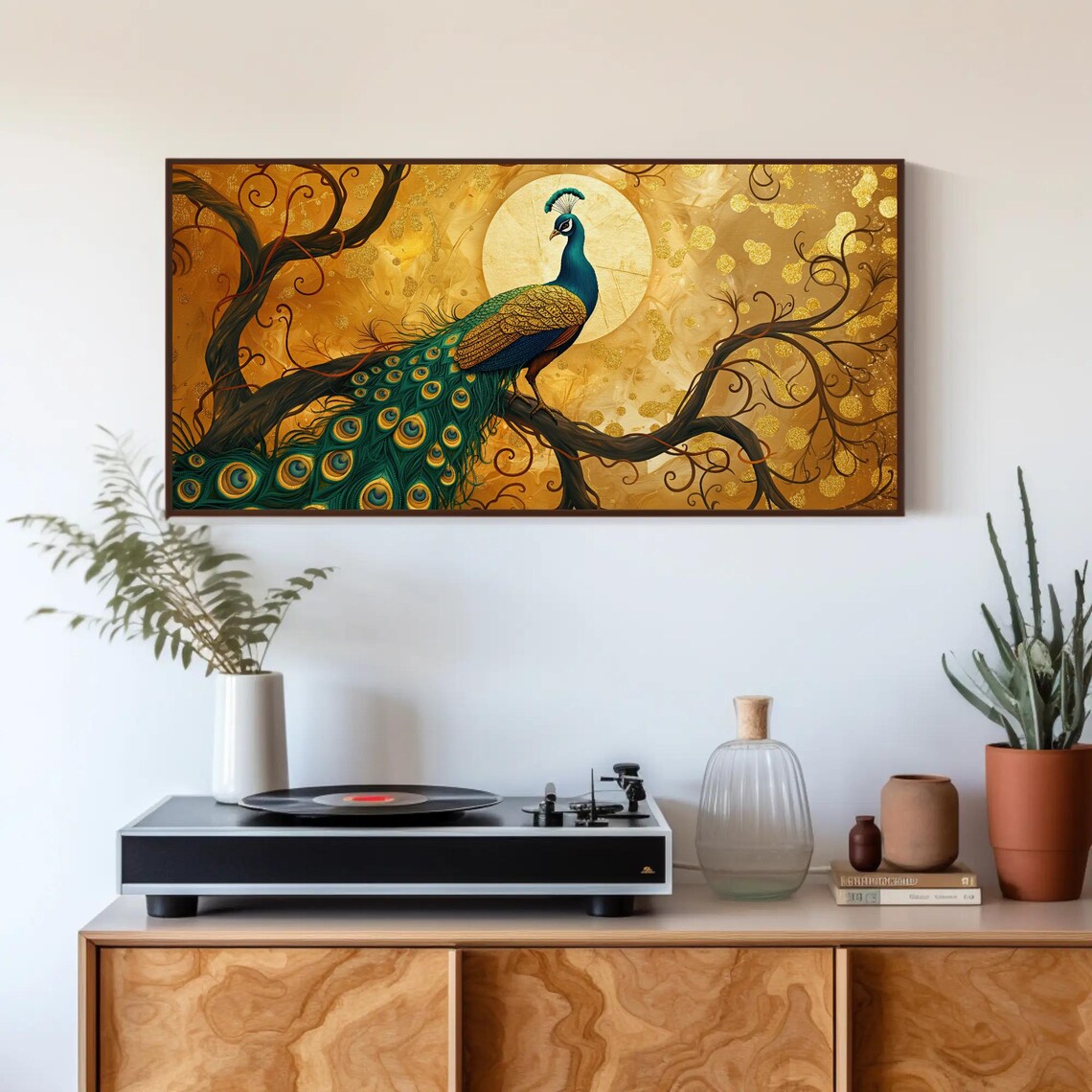 Peacock On Branch Under Golden Moon Ornate Bird Painting Poster - Image 5