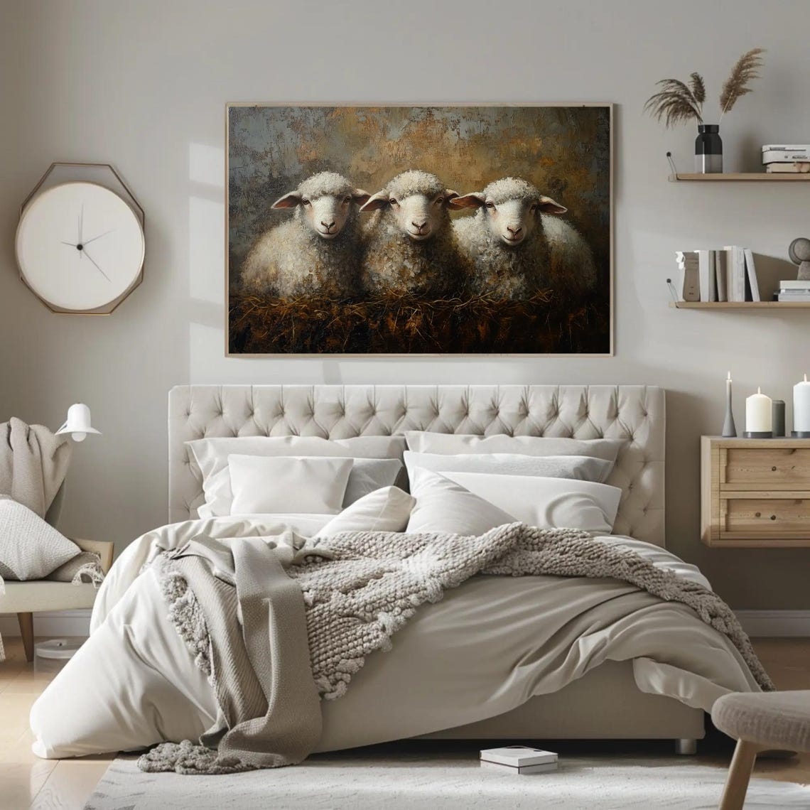 Three Sheep in Straw Against a Warm Brown Oil Background Poster - Image 2