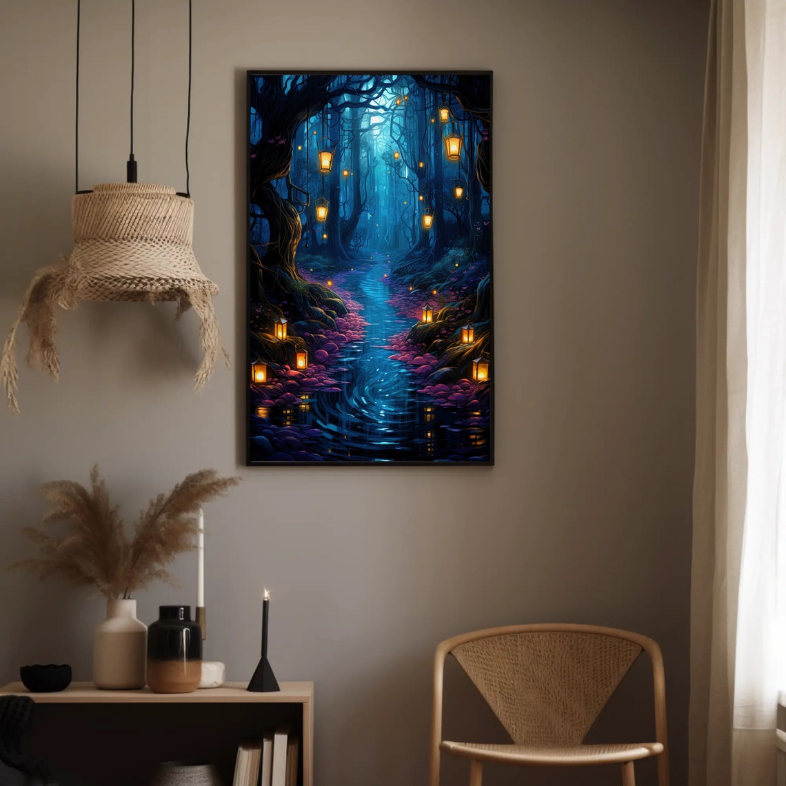 Enchanted Blue Forest with Hanging Lanterns Fantasy Stream Poster - Image 4