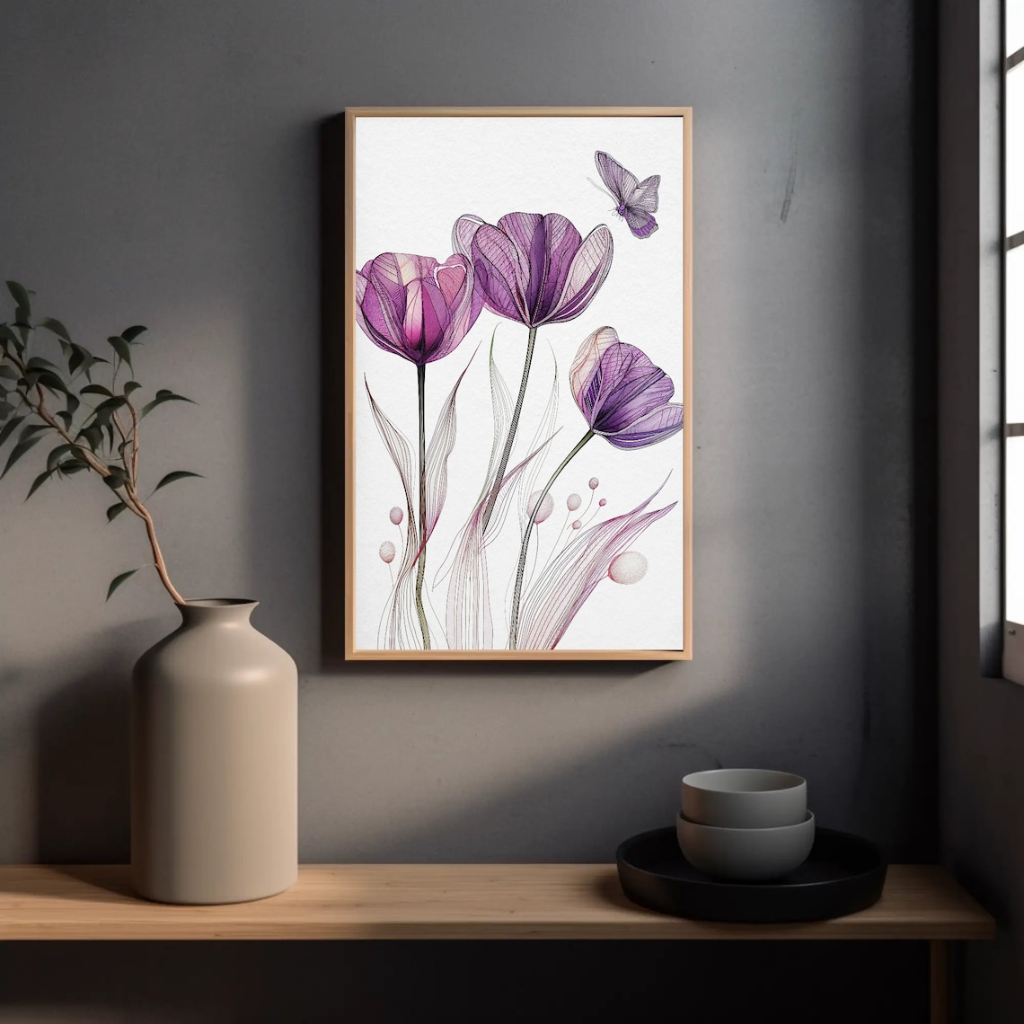 Purple Tulips Line Art With Butterfly Minimalist Floral Poster - Image 5