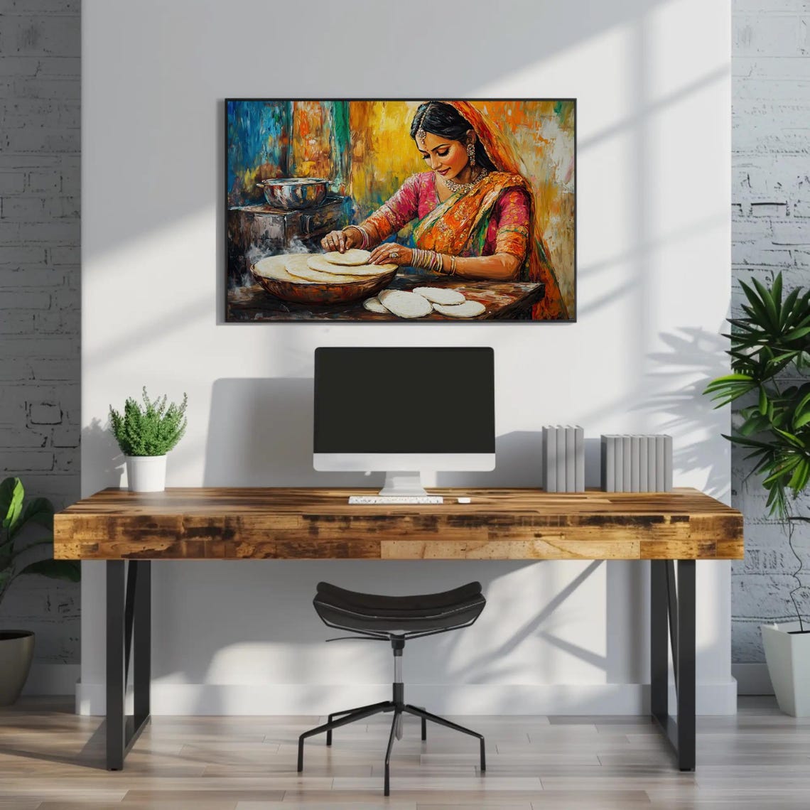 Indian Woman Cooking Flatbread Vibrant Rustic Kitchen Art Poster - Image 2