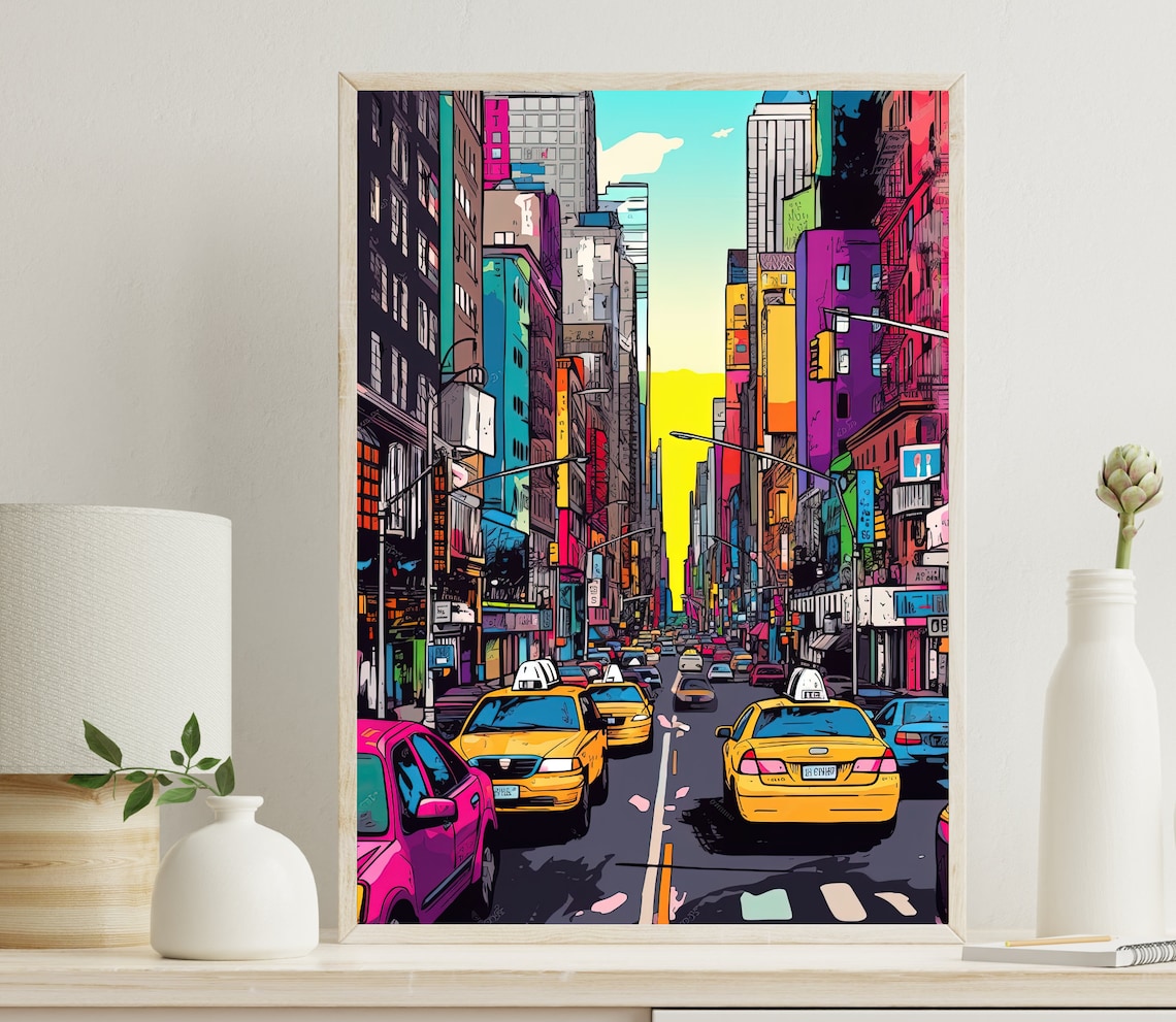 New York Yellow Taxis on a Busy City Street Colourful Pop Poster