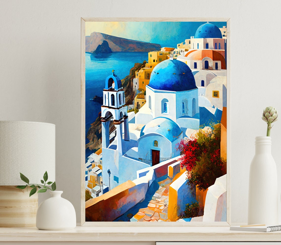 Santorini Greece Blue Dome Church Caldera Ocean View Scene Poster