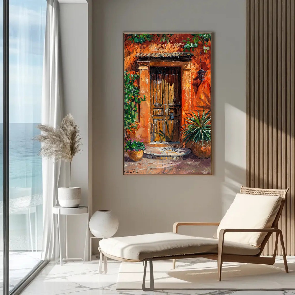 Rustic Mexican Wooden Door On Orange Adobe Wall Oil Painting Poster - Image 3