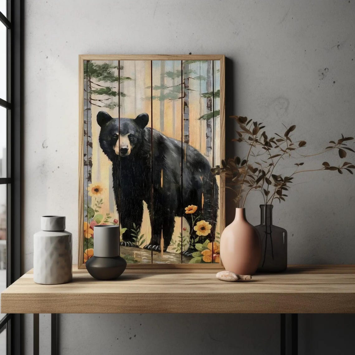 Black Bear In Birch Forest Painted On Rustic Wood Planks Poster - Image 2