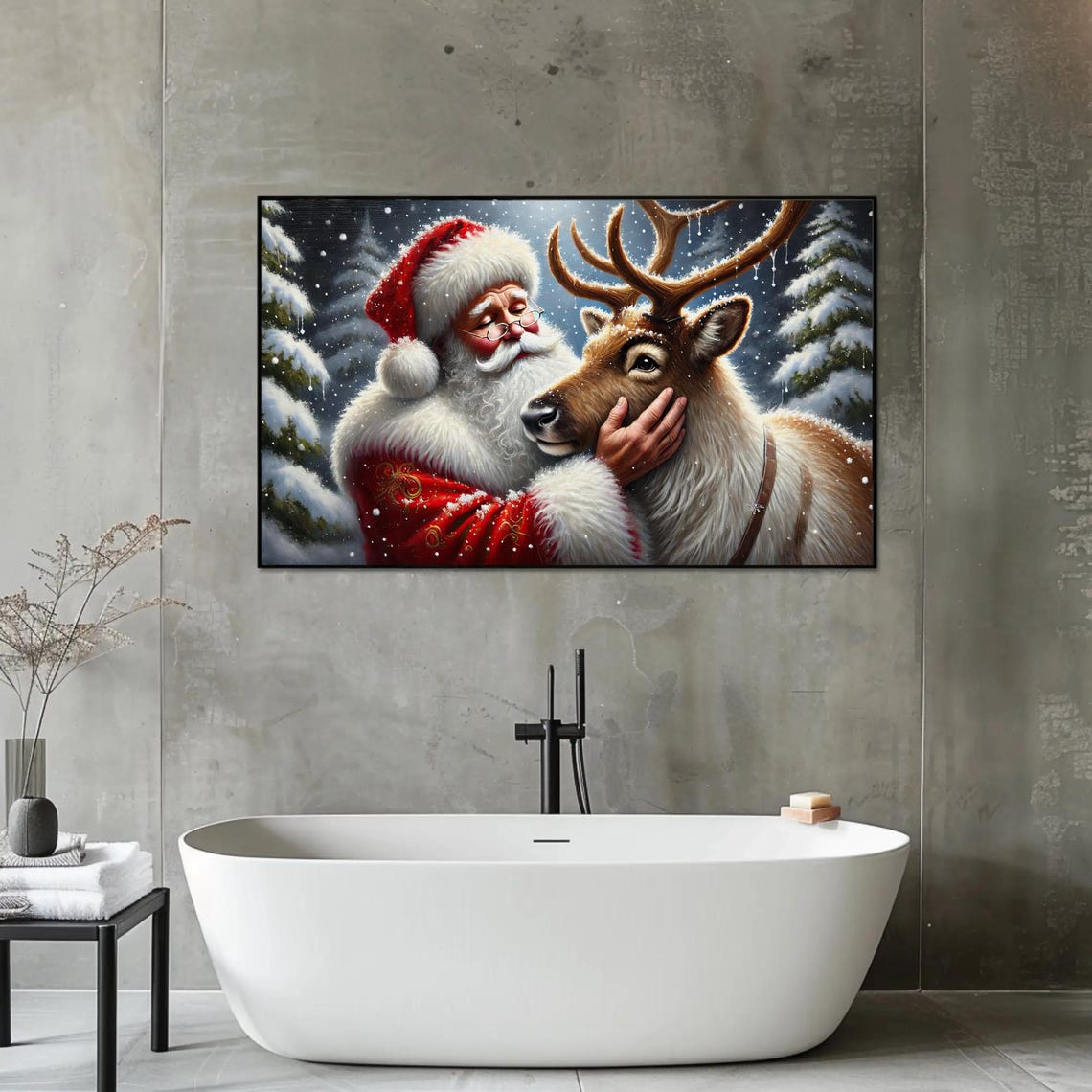 Santa Claus Hugging A Reindeer In The Snow Winter Night Poster - Image 3