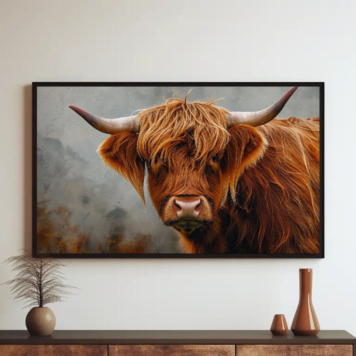 Highland Cow Close-Up Portrait Rustic Farmhouse Decor Wall Art