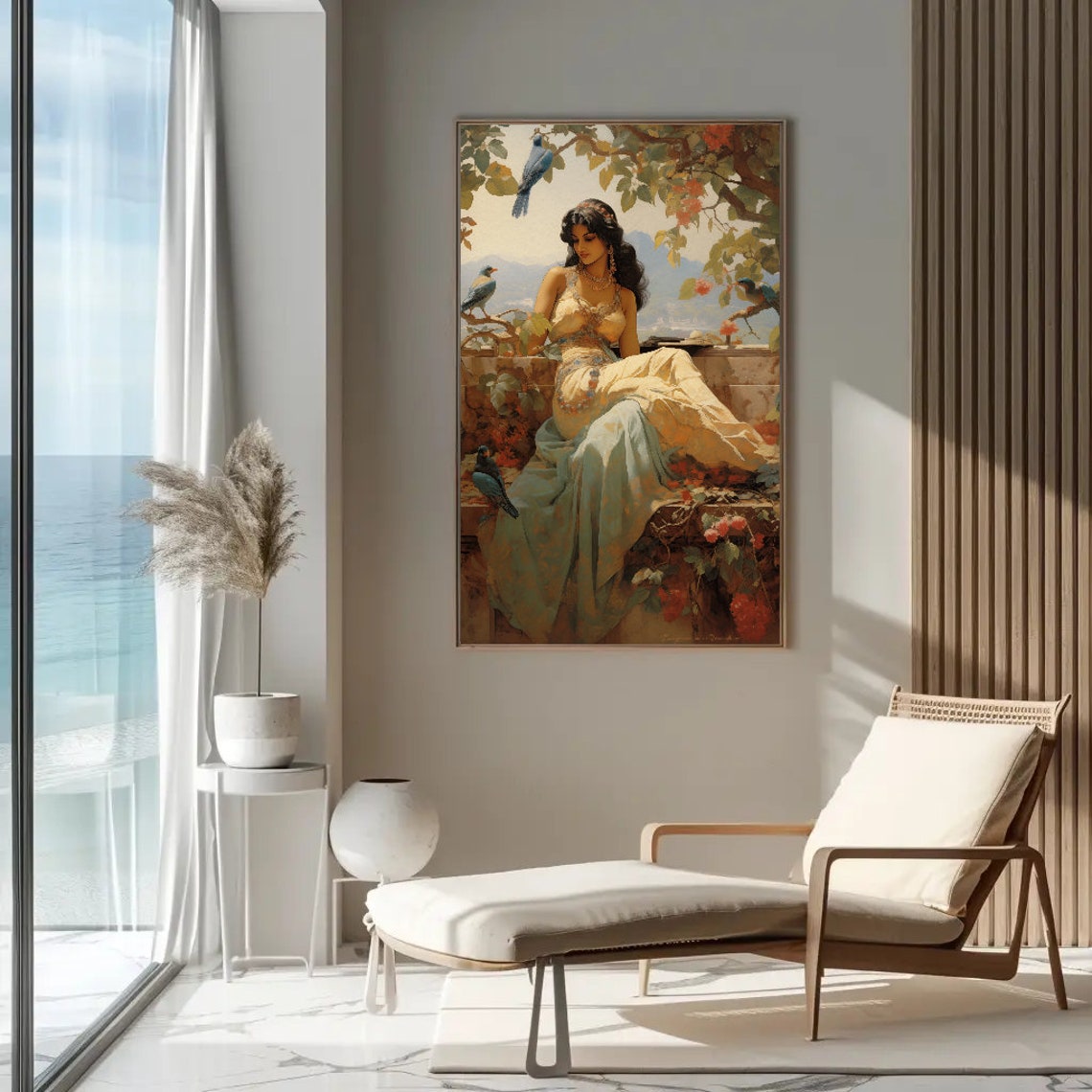 Indian Woman in Garden with Blue Birds and Red Flowers Poster - Image 5