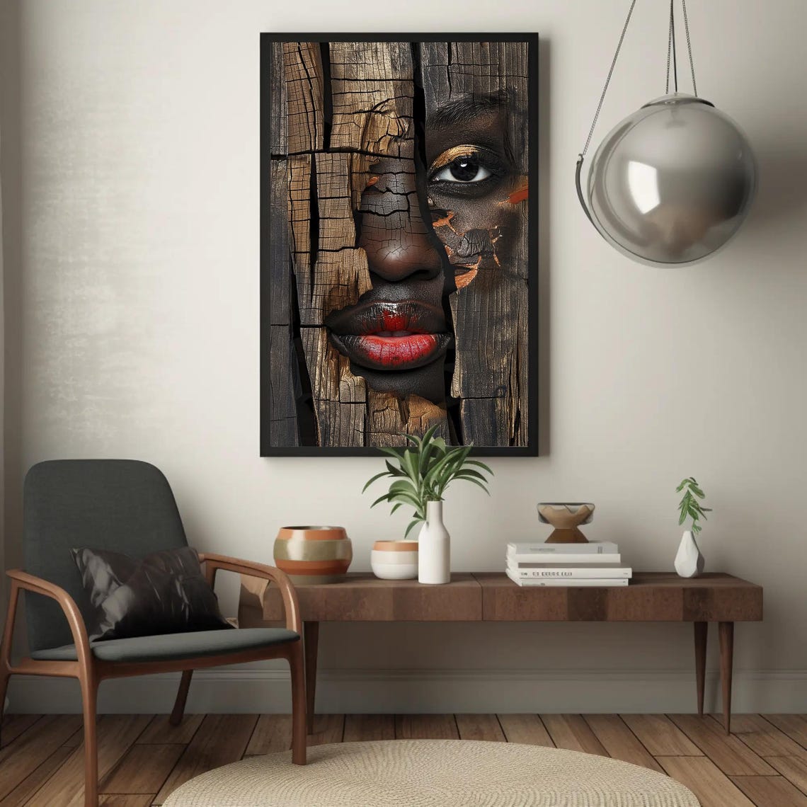 African Woman Face Emerging From Cracked Wooden Boards Poster - Image 5