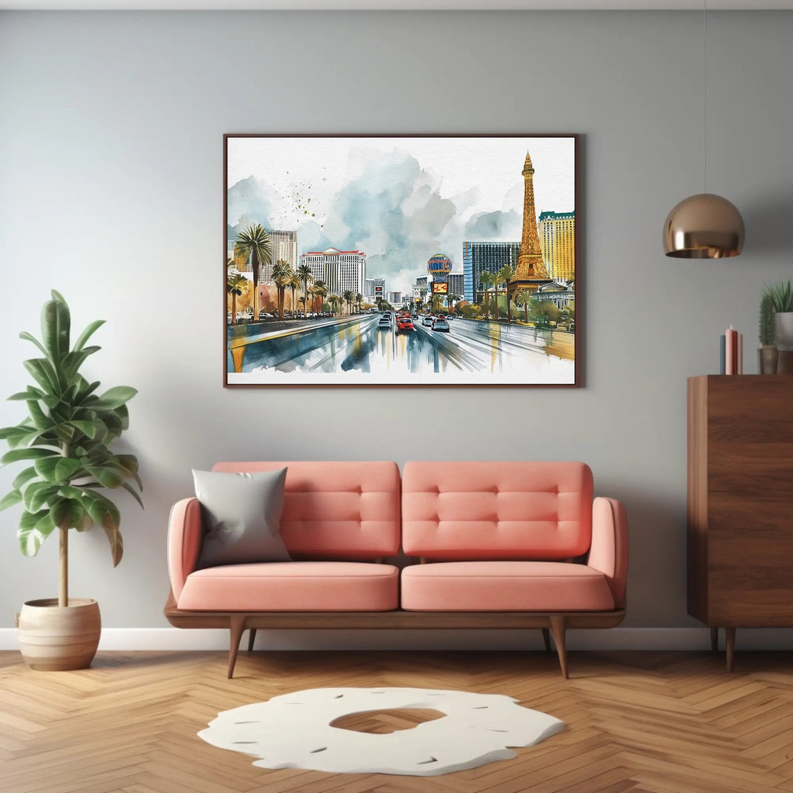 Las Vegas Strip Watercolor with Eiffel Tower Replica Night Poster - Image 2