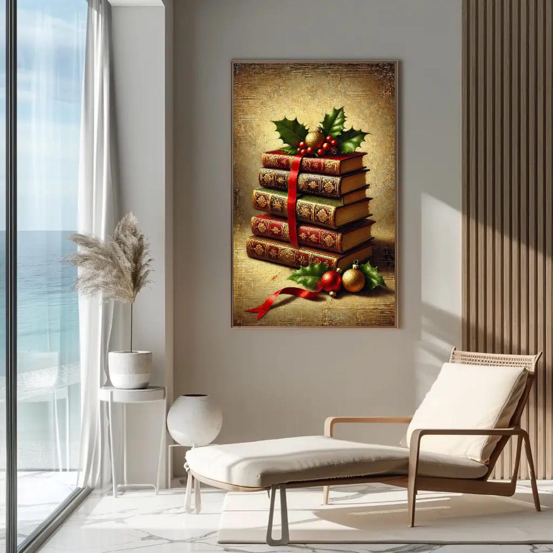 Vintage Christmas Books Stack With Holly And Ornaments Poster - Image 4