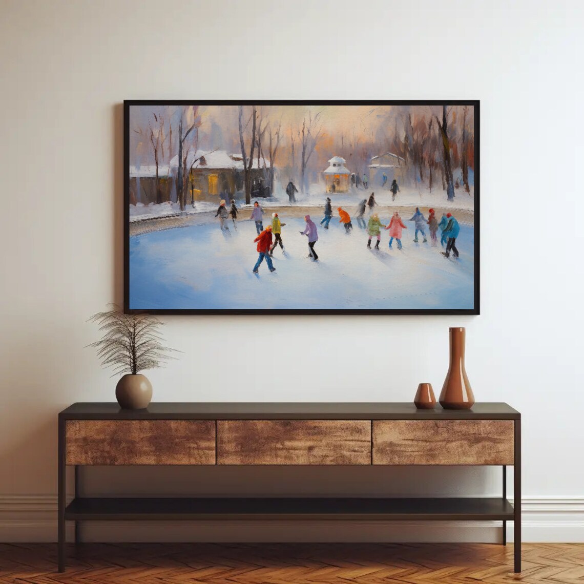 Ice Skating Oil Painting, Winter Christmas Art Print - Image 2