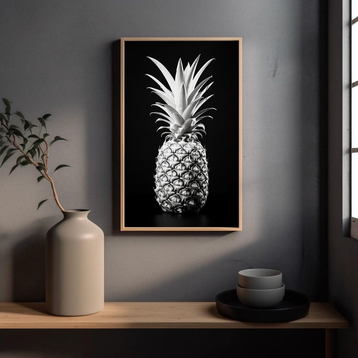 Black and White Pineapple Still Life on Dark Background Print - Image 3