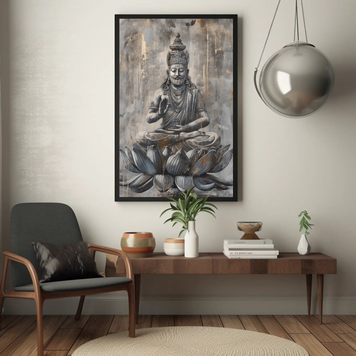 Brahma The Creator Seated Lotus Gray Gold Deity Painting Poster - Image 3