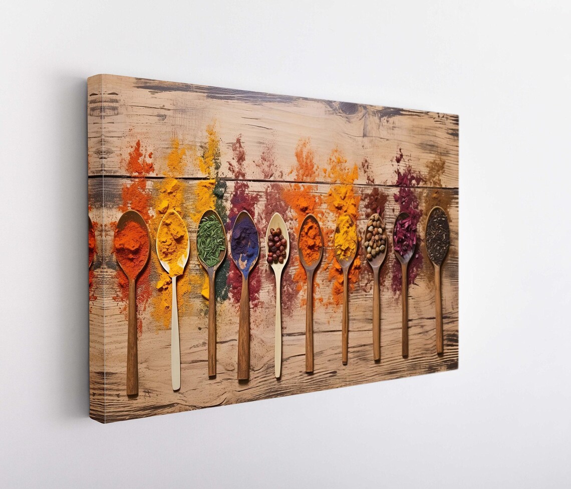 Colorful Spices in Wooden Spoons on Rustic Wood Kitchen Art Poster - Image 5