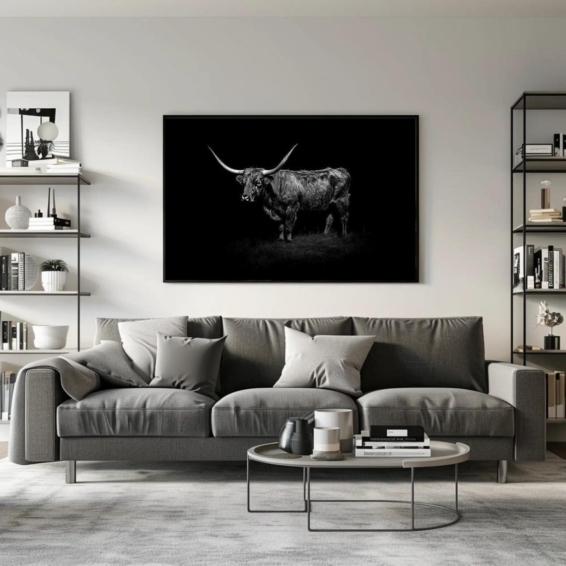 Black And White Highland Cow Full Body On Dark Background Poster - Image 2