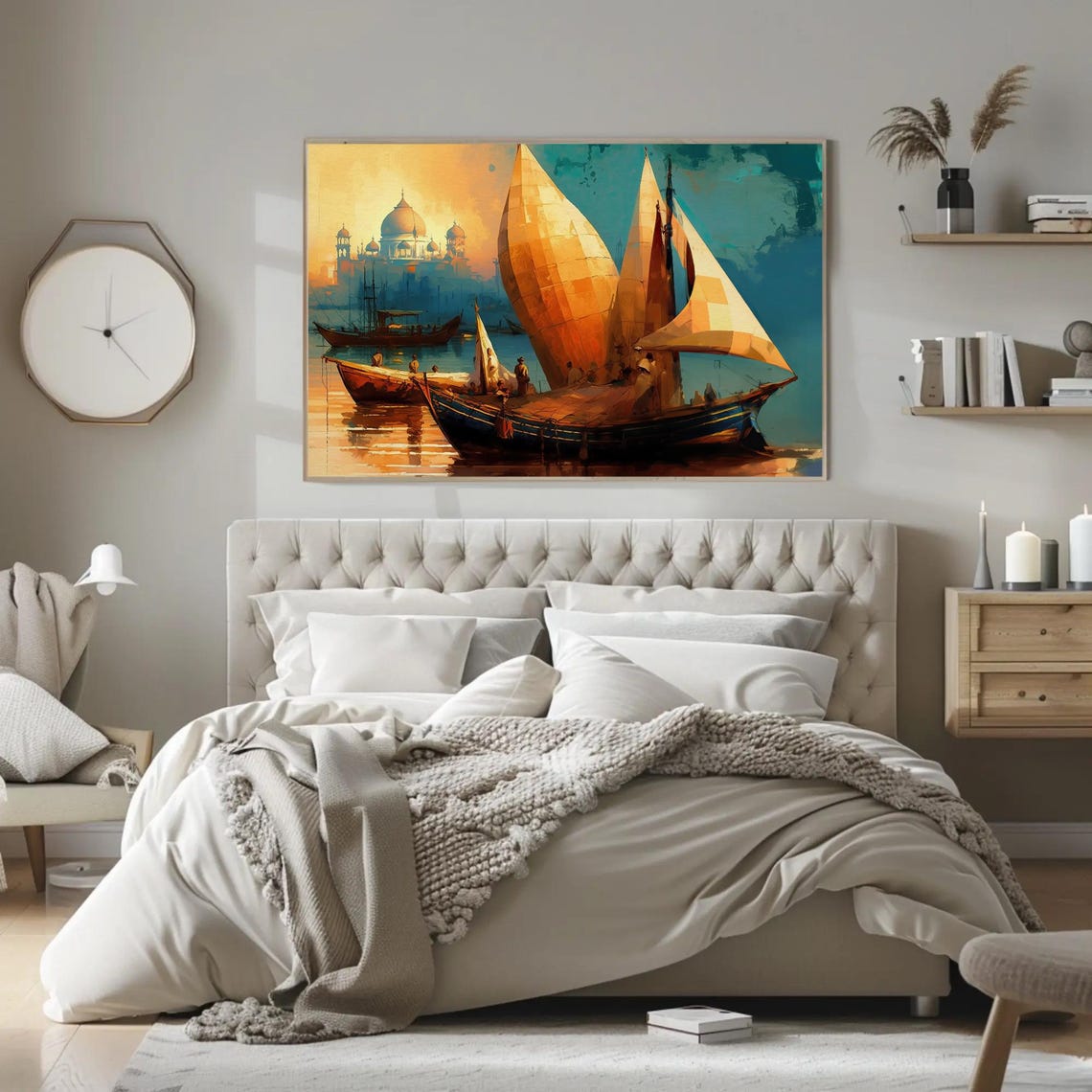 Traditional Indian Sailboats at Sunset on a Wide River Poster - Image 3