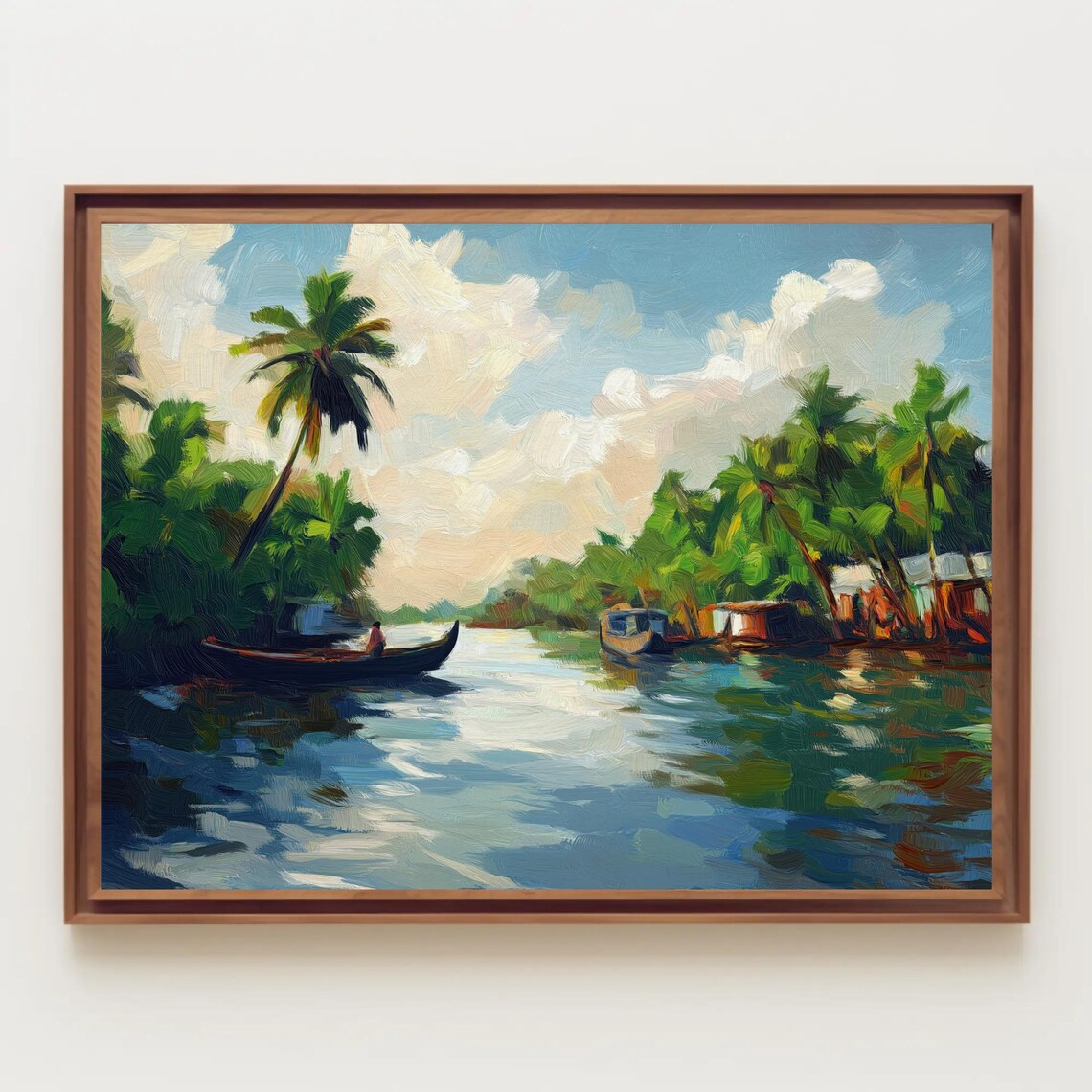 Kerala Backwaters Palm Trees Lone Canoe Tropical Oil Painting Poster - Image 2