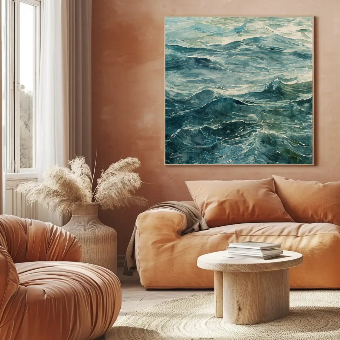 Teal Ocean Waves Watercolor Painting Coastal Grey Green Sea Poster - Image 5