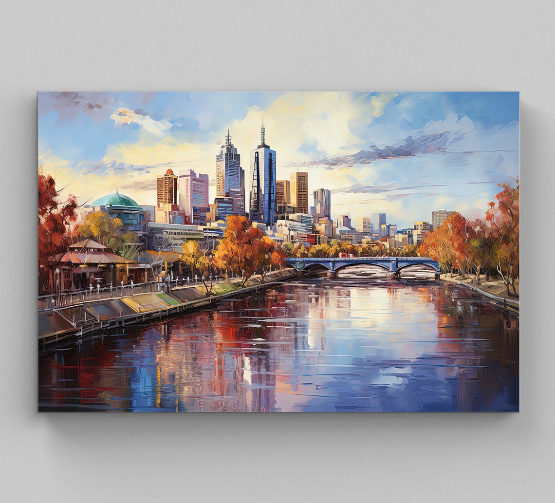 Melbourne Australia City Skyline and River in Autumn Hues Poster