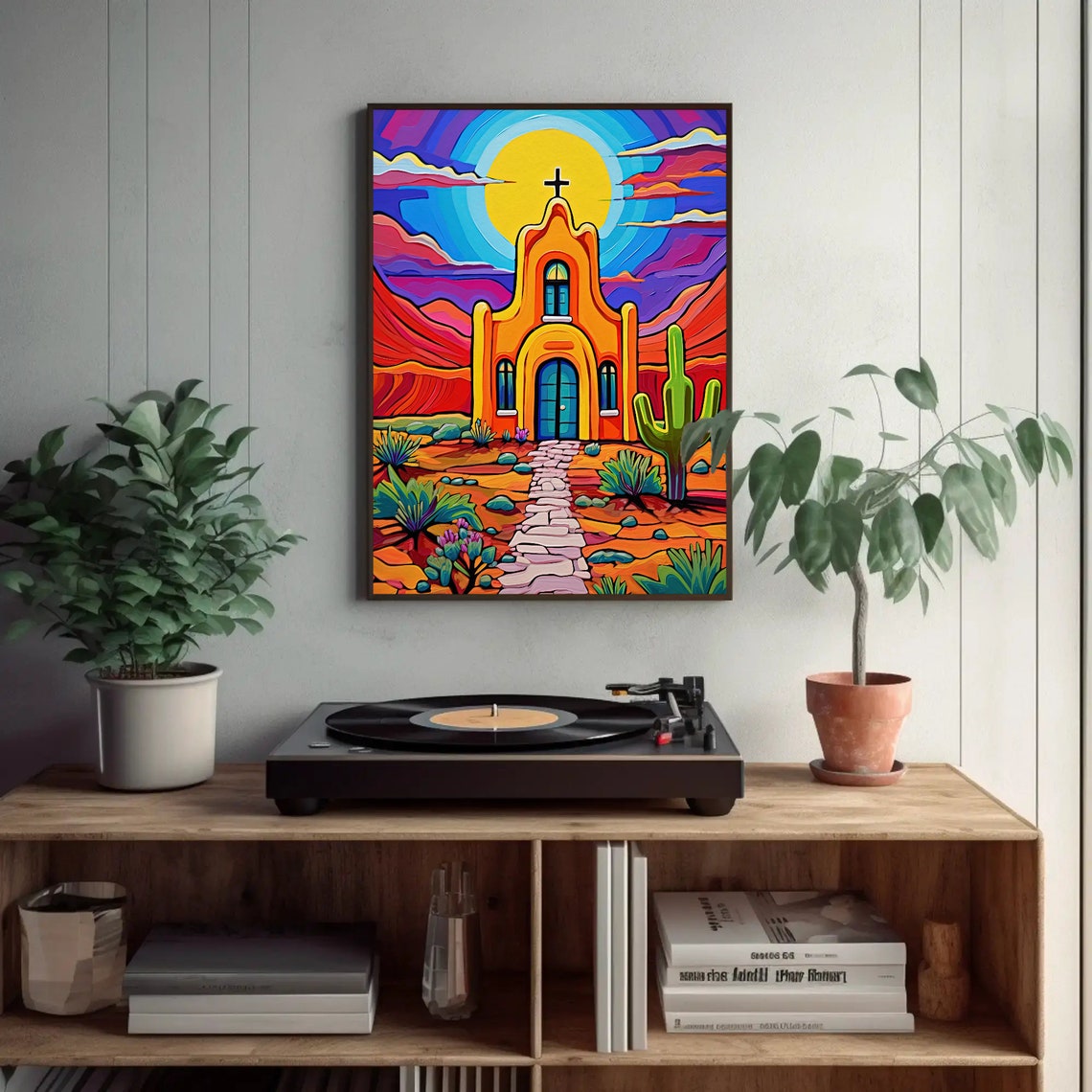 Colorful Desert Church With Cactus Vibrant Mexican Pop Art Poster - Image 3
