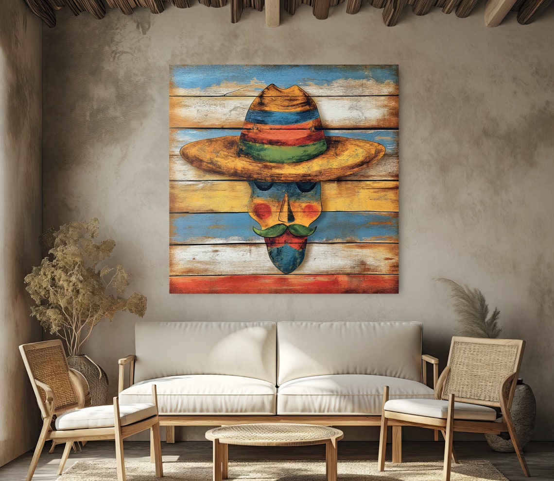 Mexican Folk Art Man with Striped Sombrero on Wood Wall Poster - Image 2