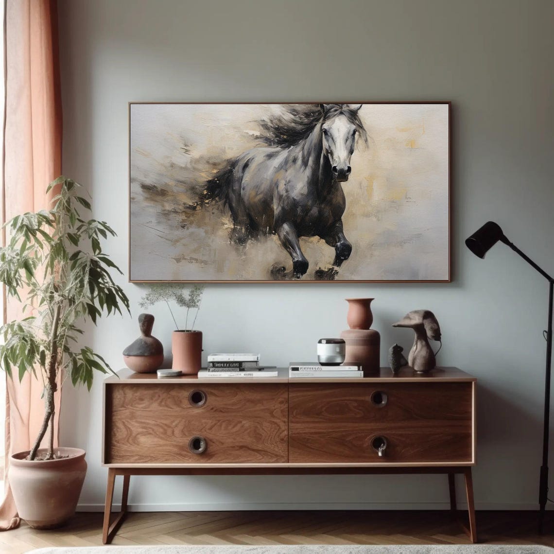 Galloping Gray Horse with Flowing Dark Mane in Abstract Style Poster - Image 3