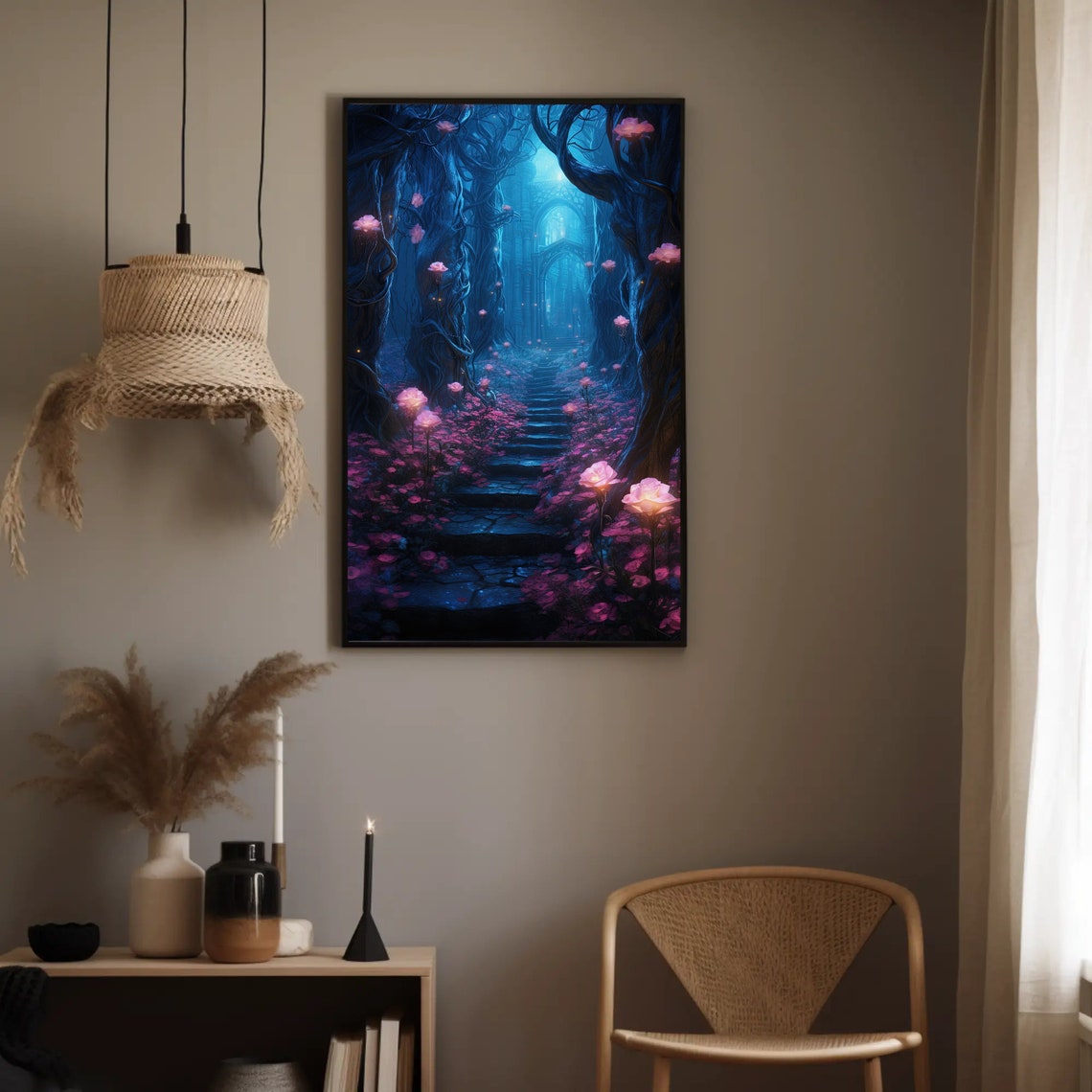 Rose Trail Stone Stairs Blue Fantasy Forest Glowing Flowers Poster - Image 5