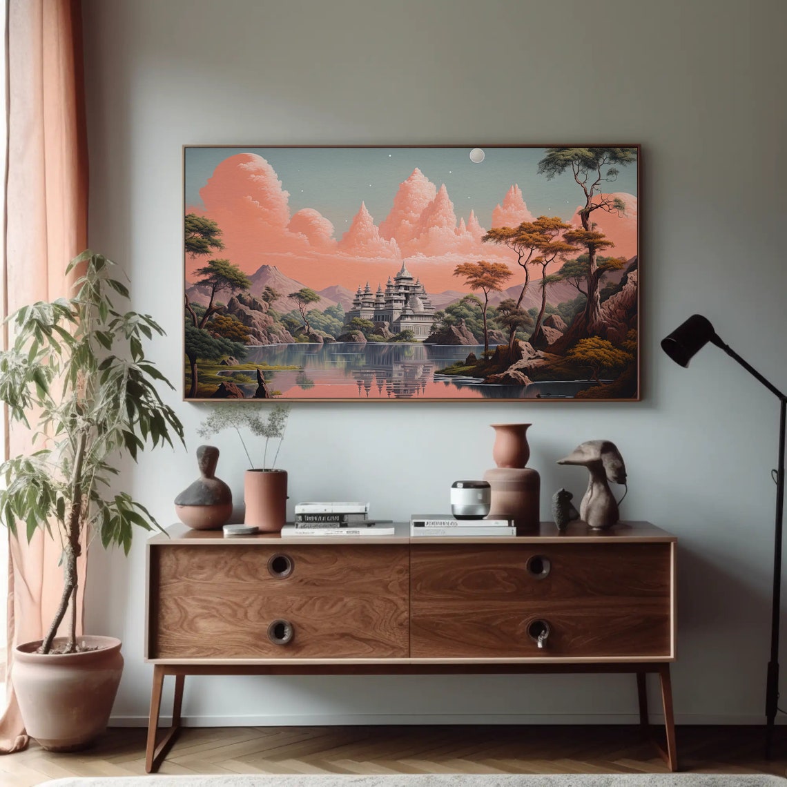 Indian Temple Fantasy Landscape Pink Sunset Lake Reflection Poster - Image 4