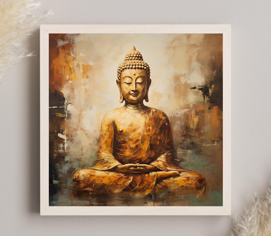 Golden Buddha Meditating in Warm Glow Light Spiritual Art Poster