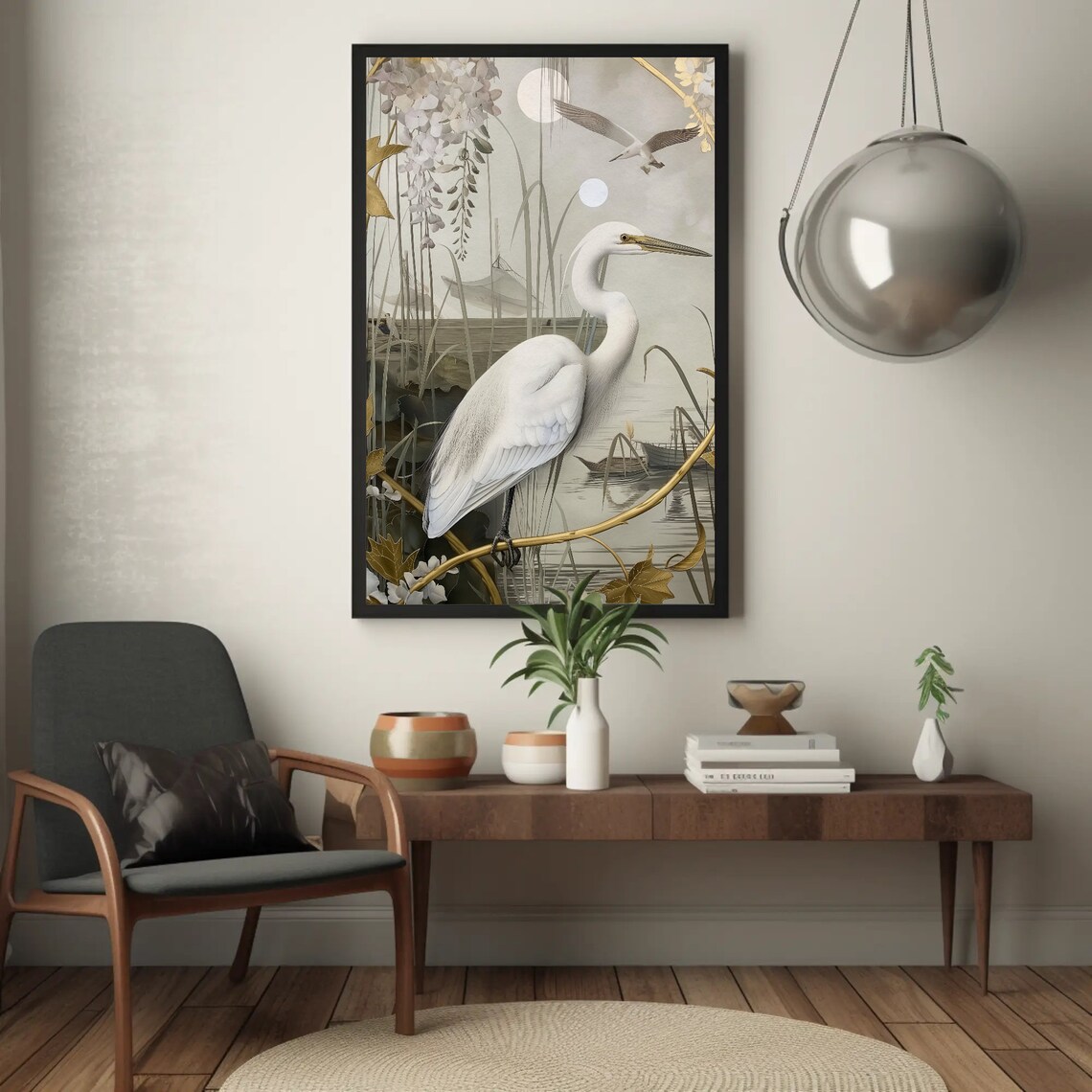 Gold White Great Egret Moonlit Reeds Chinoiserie Style Wall Art - Image 2