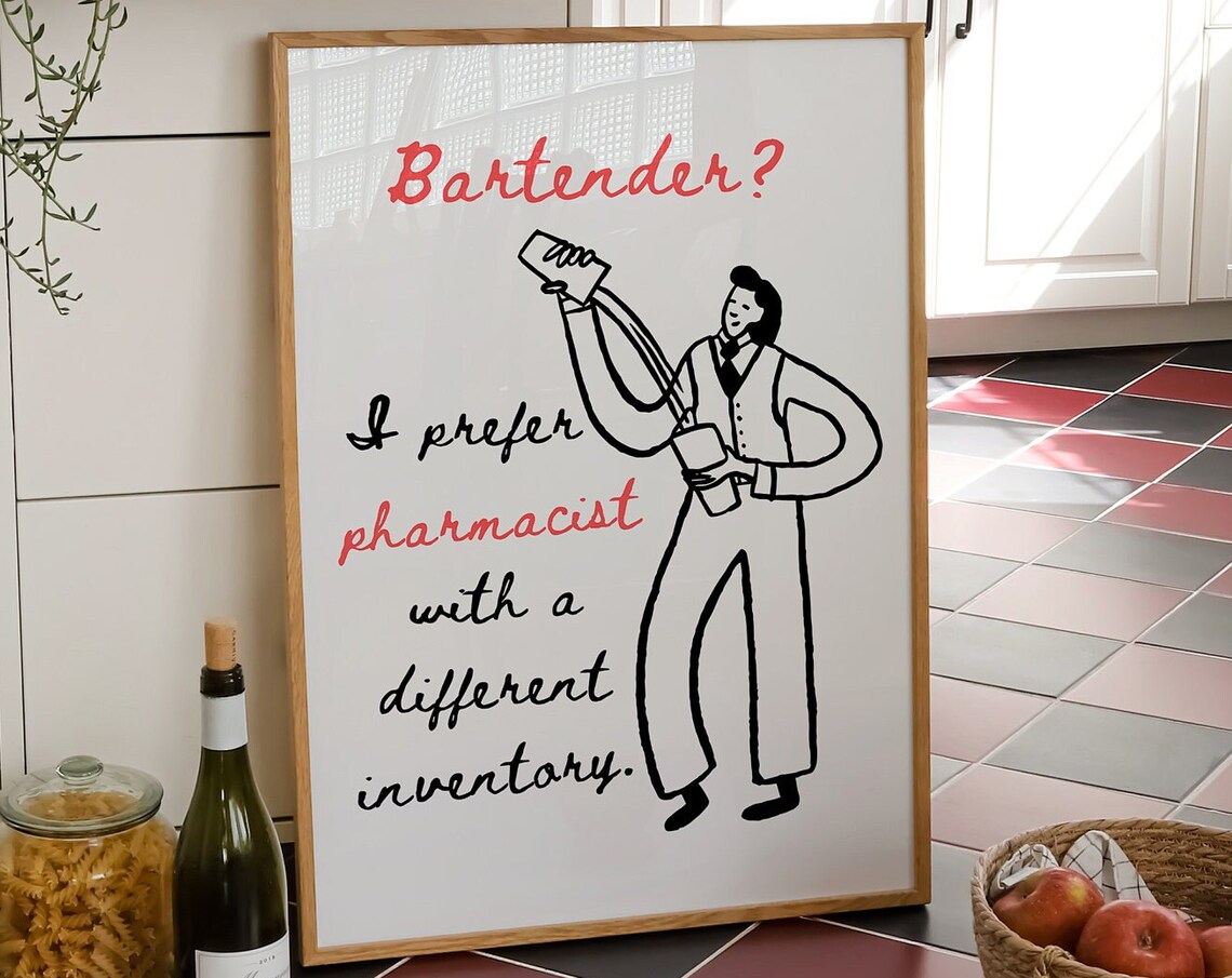 La Barmaid Print Cute Bartender Poster Trendy Minimalist Kitchen Decor Funny Bartender Prints Modern Bar Cart Wall Art