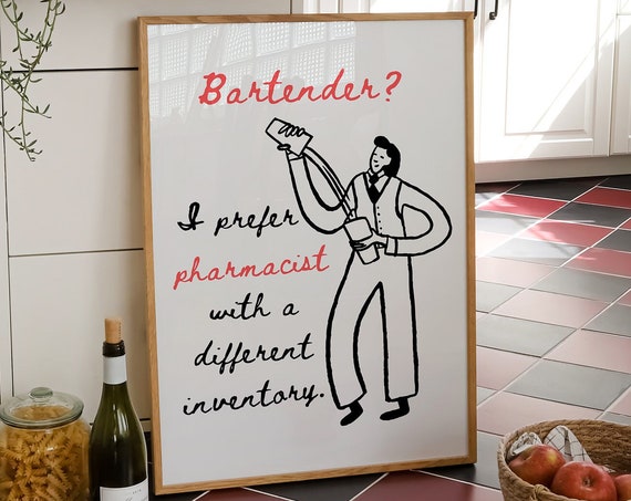 La Barmaid Print Cute Bartender Poster Trendy Minimalist Kitchen Decor Funny Bartender Prints Modern Bar Cart Wall Art