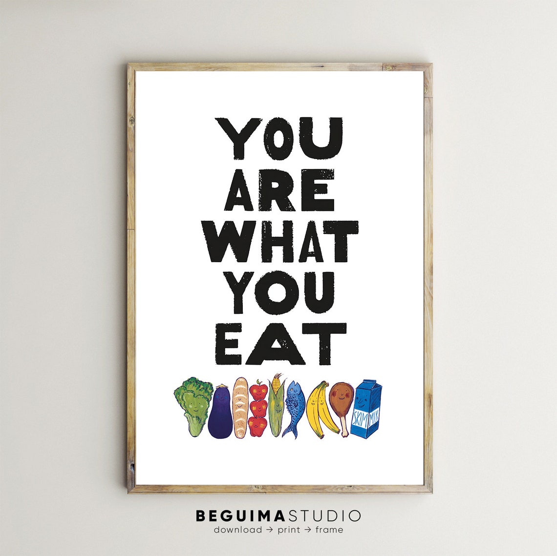 You Are What You Eat Smiling Food Characters Kitchen Decor Poster