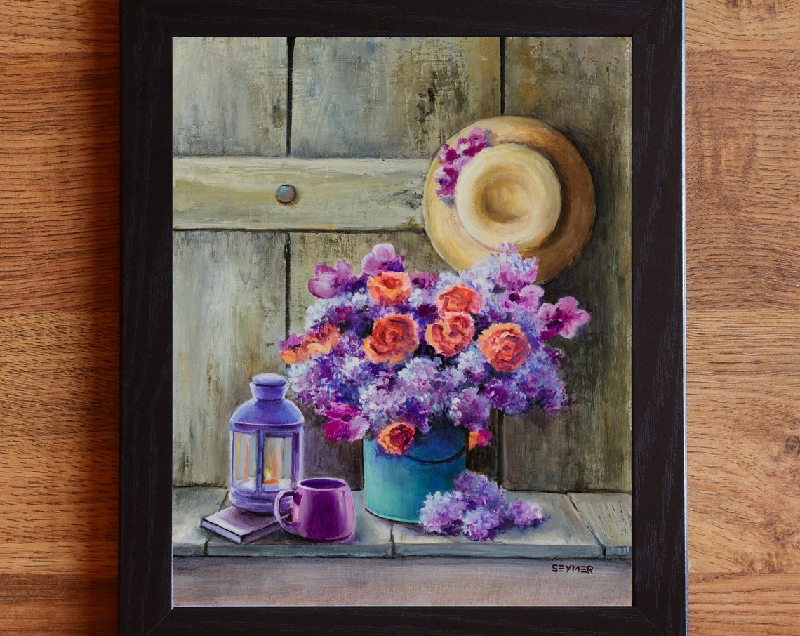 Lilac Roses Bouquet Still Life Painting With Hat And Lantern Poster - Image 6